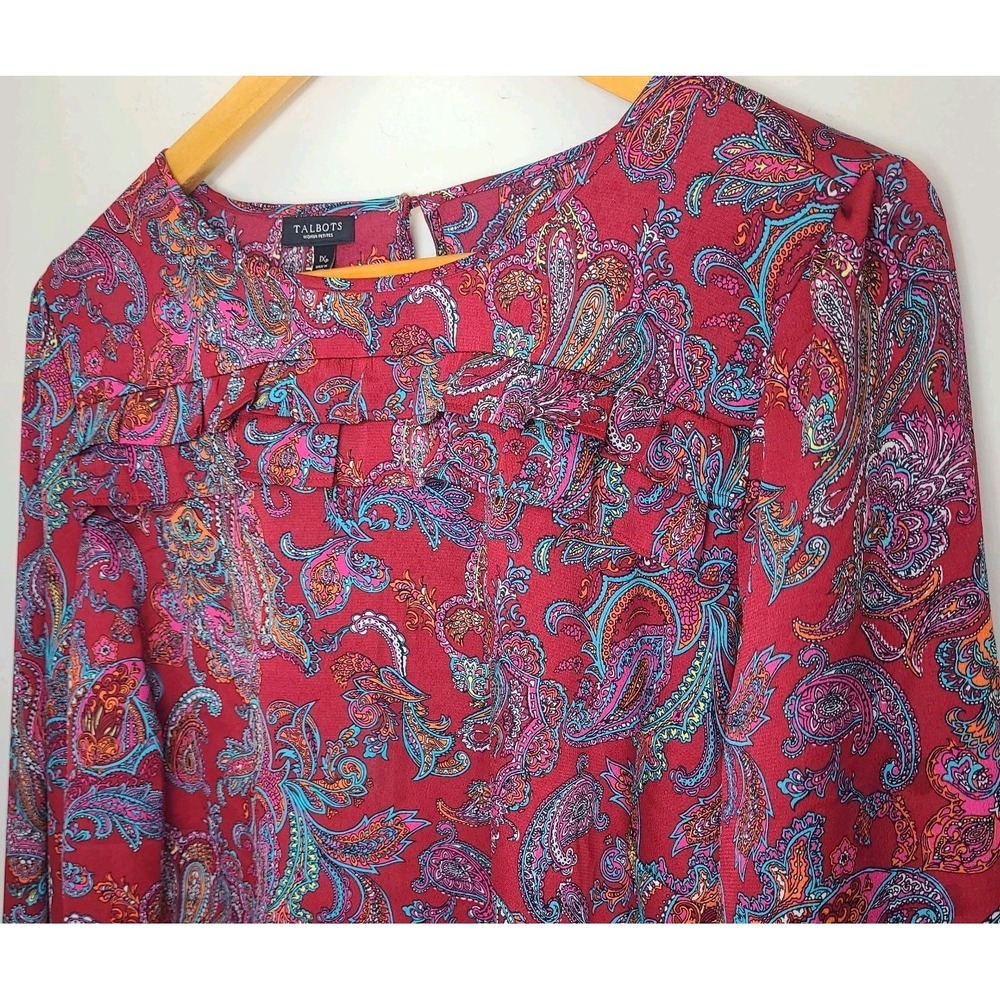 Talbots 1XP Paisley Blouse Red Multicolor Long Sleeve Top Womens Ruffle Blouse - Picture 3 of 6